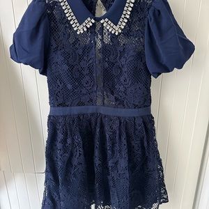Self- Portrait NAVY LACE DIAMANTE COLLAR MINI DRESS